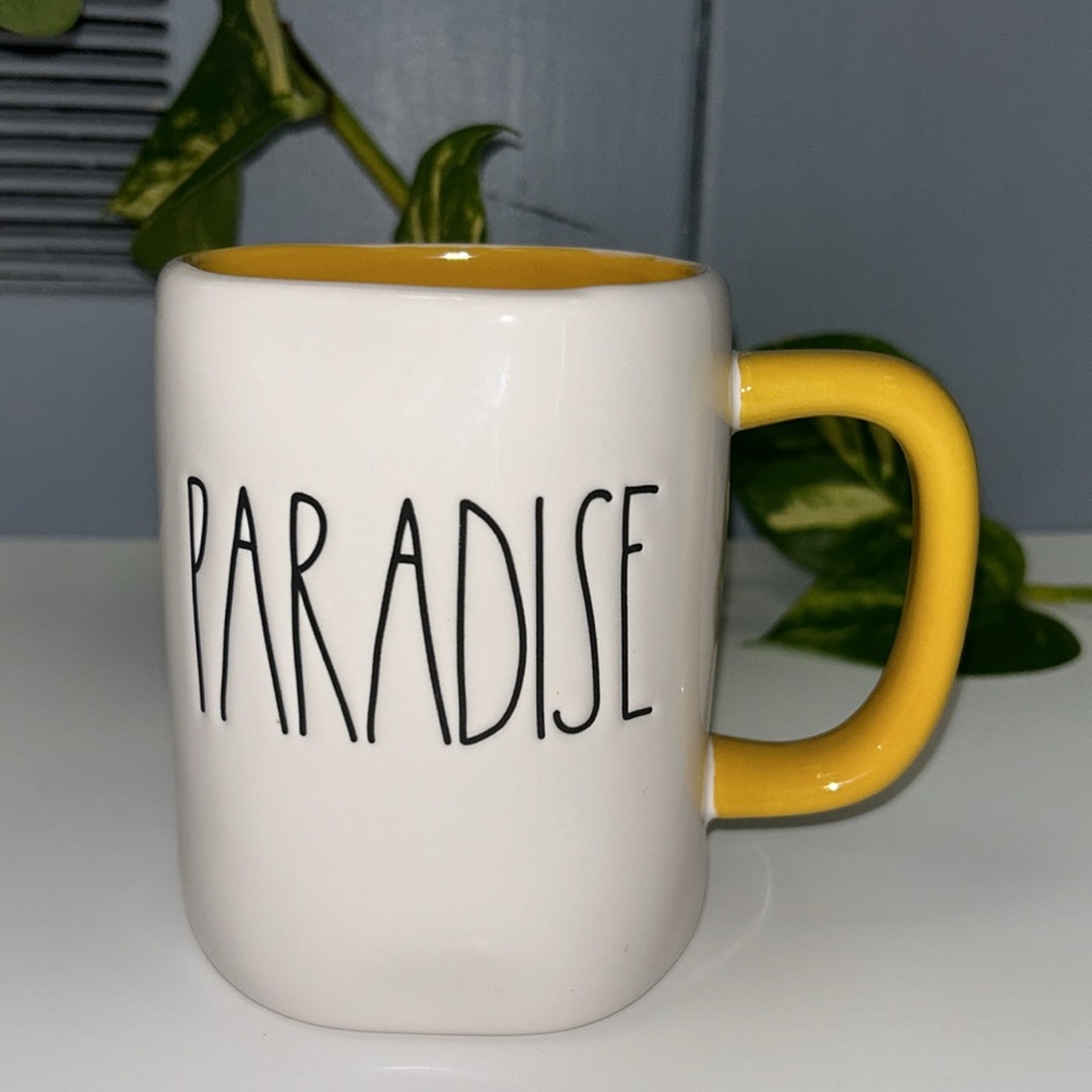 {Rae Dunn} "PARADISE" Mug - White with Yellow Handle and Interior